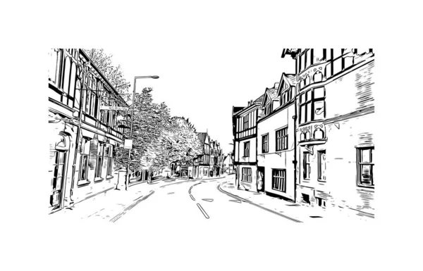 Print Building View Landmark Norwich City England Hand Drawn Sketch —  Vetores de Stock