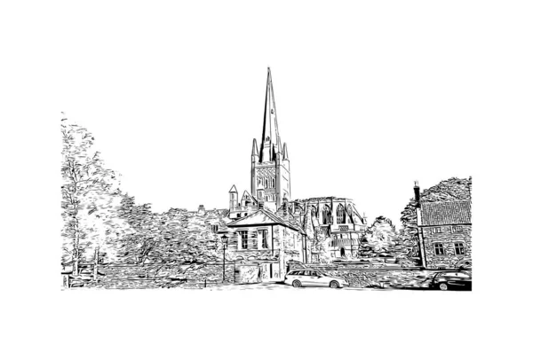 Print Building View Landmark Norwich City England Hand Drawn Sketch — Stock vektor