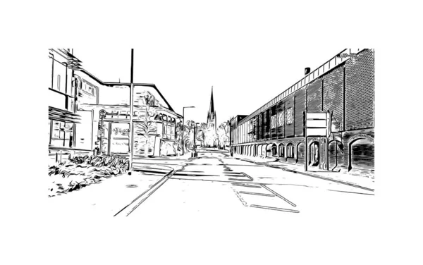 Print Building View Landmark Norwich City England Hand Drawn Sketch — Stock vektor