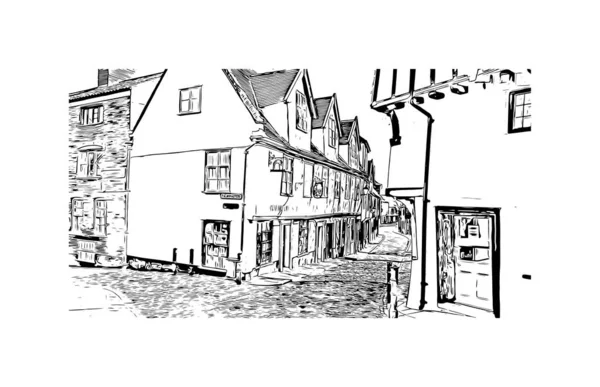 Print Building View Landmark Norwich City England Hand Drawn Sketch — Vetor de Stock