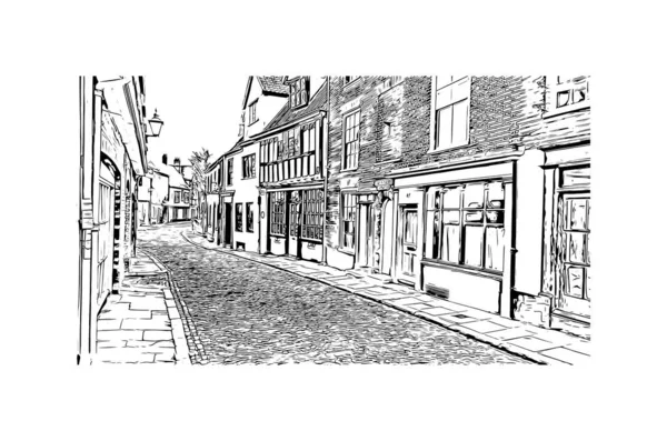 Print Building View Landmark Norwich City England Hand Drawn Sketch — Stock Vector