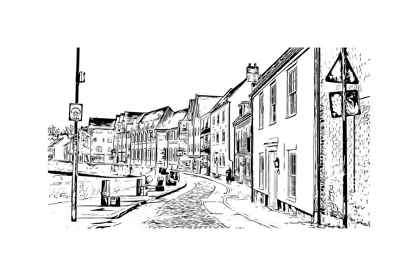 Print Building View Landmark Norwich City England Hand Drawn Sketch — Vector de stock