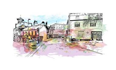 Print Building view with landmark of Norwich is a city in England. Watercolor splash with hand drawn sketch illustration in vector.