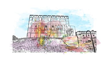 Print Building view with landmark of Norwich is a city in England. Watercolor splash with hand drawn sketch illustration in vector.
