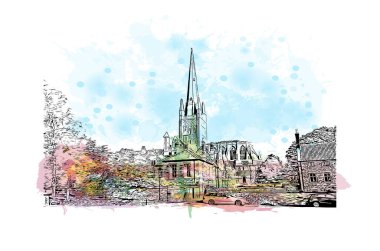 Print Building view with landmark of Norwich is a city in England. Watercolor splash with hand drawn sketch illustration in vector.