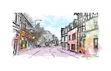 Print Building view with landmark of Norwich is a city in England. Watercolor splash with hand drawn sketch illustration in vector.