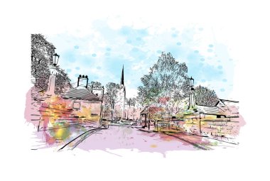 Print Building view with landmark of Norwich is a city in England. Watercolor splash with hand drawn sketch illustration in vector.
