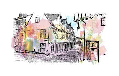 Print Building view with landmark of Norwich is a city in England. Watercolor splash with hand drawn sketch illustration in vector.