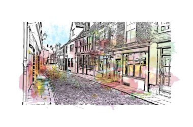 Print Building view with landmark of Norwich is a city in England. Watercolor splash with hand drawn sketch illustration in vector.