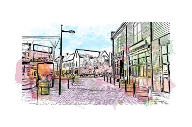 Print Building view with landmark of Norwich is a city in England. Watercolor splash with hand drawn sketch illustration in vector.