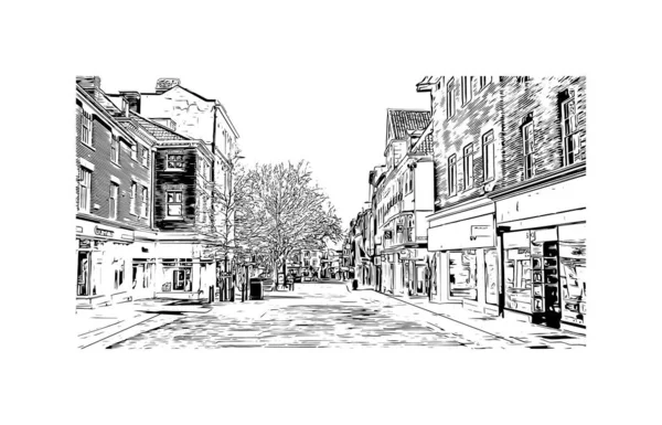 Print Building View Landmark Norwich City England Hand Drawn Sketch — Archivo Imágenes Vectoriales