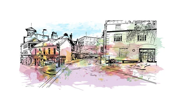 Print Building View Landmark Norwich City England Watercolor Splash Hand — 图库矢量图片