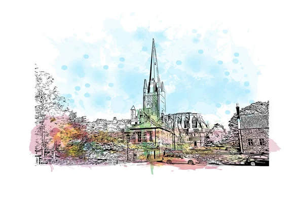 Print Building View Landmark Norwich City England Watercolor Splash Hand — Archivo Imágenes Vectoriales