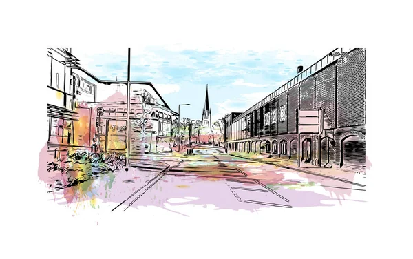 Print Building view with landmark of Norwich is a city in England. Watercolor splash with hand drawn sketch illustration in vector.