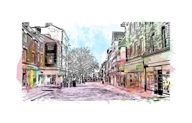 Print Building view with landmark of Norwich is a city in England. Watercolor splash with hand drawn sketch illustration in vector.