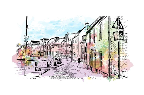 Print Building View Landmark Norwich City England Watercolor Splash Hand — ストックベクタ