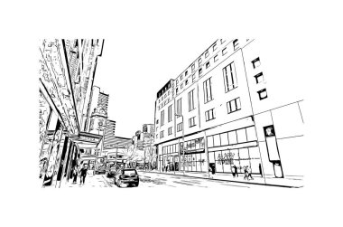 Print Building view with landmark of Nottingham is a city in central England. Hand drawn sketch illustration in vector.