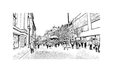 Print Building view with landmark of Nottingham is a city in central England. Hand drawn sketch illustration in vector.