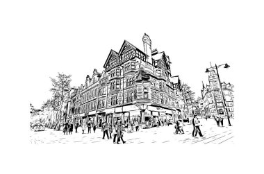 Print Building view with landmark of Nottingham is a city in central England. Hand drawn sketch illustration in vector.