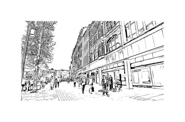 Print Building view with landmark of Nottingham is a city in central England. Hand drawn sketch illustration in vector.