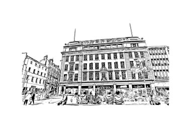 Print Building view with landmark of Nottingham is a city in central England. Hand drawn sketch illustration in vector.