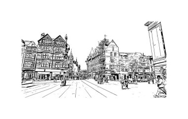Print Building view with landmark of Nottingham is a city in central England. Hand drawn sketch illustration in vector