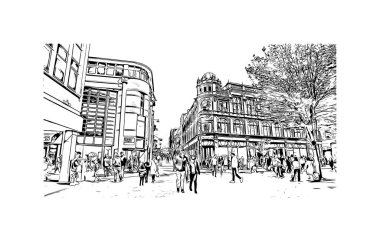 Print Building view with landmark of Nottingham is a city in central England. Hand drawn sketch illustration in vector