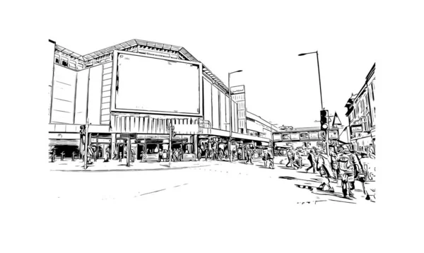 Print Building View Landmark Nottingham City Central England Hand Drawn — Wektor stockowy