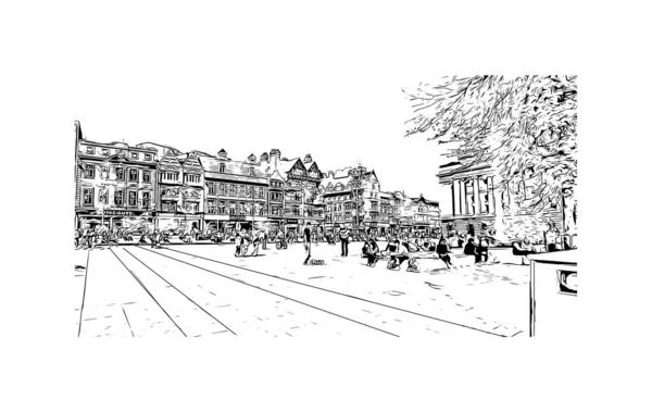Print Building View Landmark Nottingham City Central England Hand Drawn — Vetor de Stock