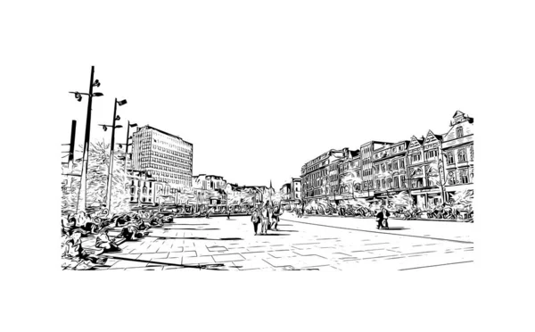 Print Building View Landmark Nottingham City Central England Hand Drawn — Image vectorielle