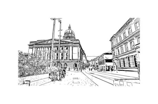 Print Building View Landmark Nottingham City Central England Hand Drawn — Vettoriale Stock
