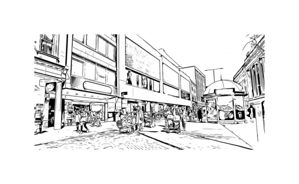 Print Building view with landmark of Nottingham is a city in central England. Hand drawn sketch illustration in vector