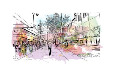 Print Building view with landmark of Nottingham is a city in central England. Watercolor splash with hand drawn sketch illustration in vector