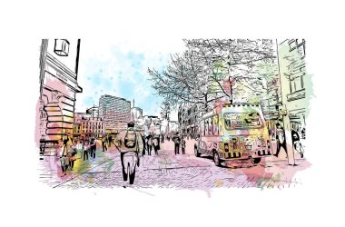 Print Building view with landmark of Nottingham is a city in central England. Watercolor splash with hand drawn sketch illustration in vector