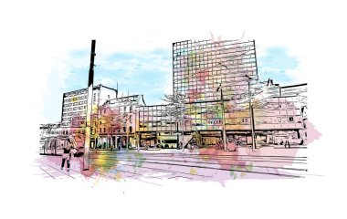 Print Building view with landmark of Nottingham is a city in central England. Watercolor splash with hand drawn sketch illustration in vector.
