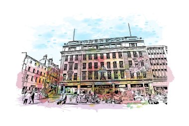 Print Building view with landmark of Nottingham is a city in central England. Watercolor splash with hand drawn sketch illustration in vector.