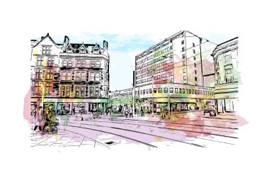 Print Building view with landmark of Nottingham is a city in central England. Watercolor splash with hand drawn sketch illustration in vector.