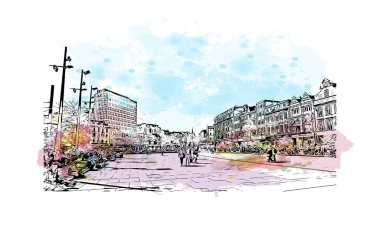 Print Building view with landmark of Nottingham is a city in central England. Watercolor splash with hand drawn sketch illustration in vector.