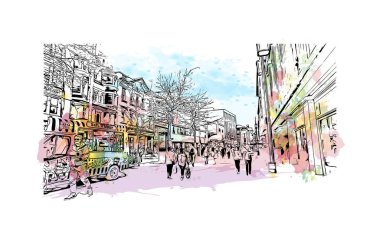 Print Building view with landmark of Nottingham is a city in central England. Watercolor splash with hand drawn sketch illustration in vector.