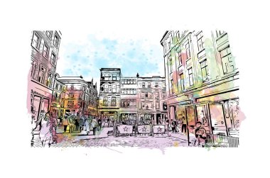 Print Building view with landmark of Nottingham is a city in central England. Watercolor splash with hand drawn sketch illustration in vector.