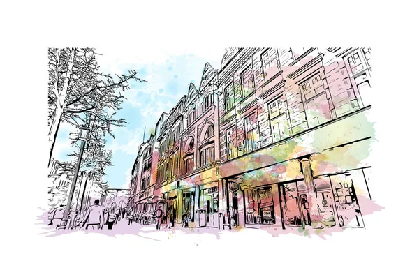 Print Building View Landmark Nottingham City Central England Watercolor Splash — Stock Vector