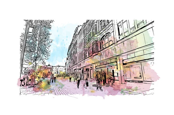 Print Building View Landmark Nottingham City Central England Watercolor Splash — Stock vektor