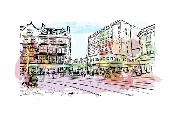 Print Building View Landmark Nottingham City Central England Watercolor Splash — Stockvektor