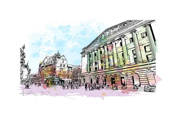 Print Building view with landmark of Nottingham is a city in central England. Watercolor splash with hand drawn sketch illustration in vector.