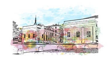 Print Building view with landmark Novara is the city in Italy. Watercolor splash with hand drawn sketch illustration in vector.
