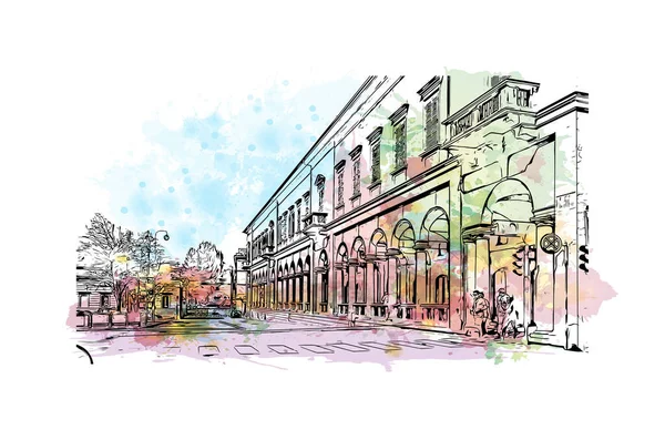 Print Building view with landmark Novara is the city in Italy. Watercolor splash with hand drawn sketch illustration in vector.