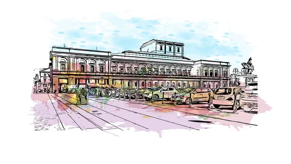 Print Building view with landmark Novara is the city in Italy. Watercolor splash with hand drawn sketch illustration in vector.