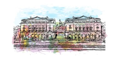 Print Building view with landmark Novara is the city in Italy. Watercolor splash with hand drawn sketch illustration in vector.