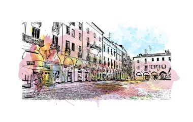 Print Building view with landmark Novara is the city in Italy. Watercolor splash with hand drawn sketch illustration in vector.