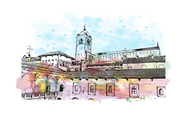 Print Building view with landmark Novara is the city in Italy. Watercolor splash with hand drawn sketch illustration in vector.